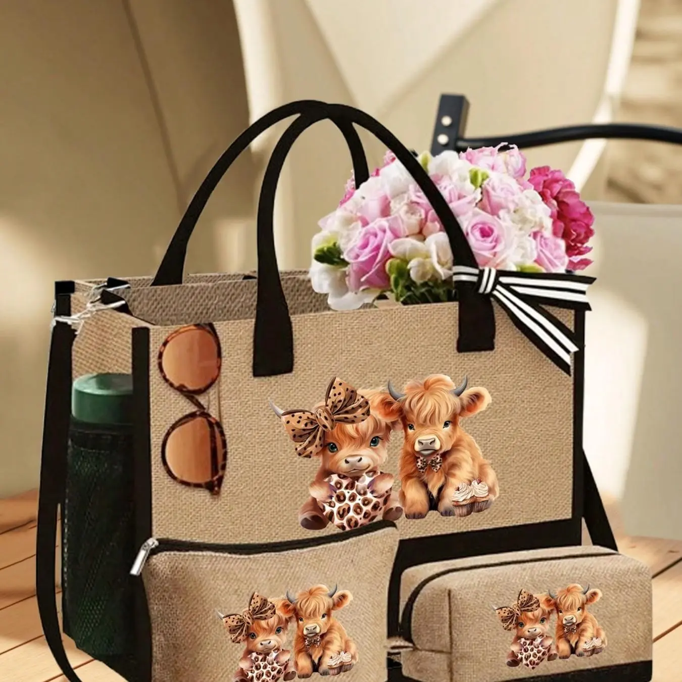 Cute Highland Cow Beach Bag Set, Includes Handbag and Makeup Bags, Customizable Gift Bag, Travel Organizer, Travel Essentials, Portable Lightweight Foldable, Travel Folding Bag, Getaway Beach Bag