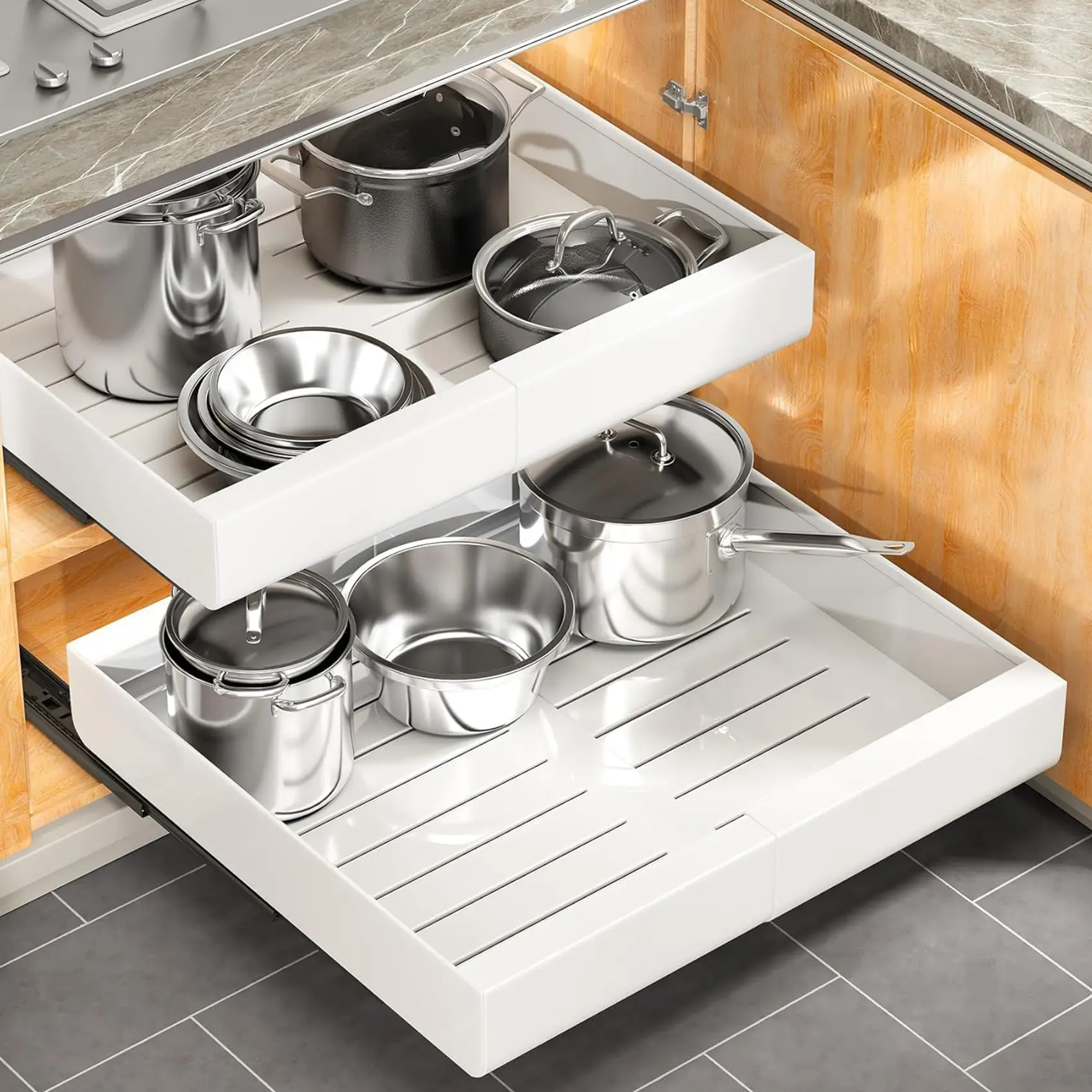 Kitstorack Metal Pull Out Cabinet Organizer, Expandable 12"-20" Fit Range Heavy Duty Smooth Slide Out Drawers with Adhesive Nano Film Installation, Adjustable Pantry Organizer for Kitchen Base Cabinets & Under Sink Organization