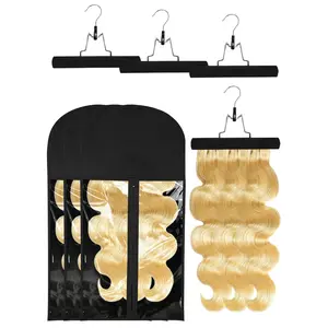 3 count Hair Extension Storage Bag, Hair Extensions Holder with Hanger, 11.4 * 23.6 inches, Portable Wig Bags Storage with Transparent Zipper Closure (Black)