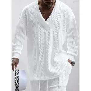 Men's Casual Fashion Set, Style, V-Neck Knitted Sweater Suit, Loose Fit, Simple Design, Perfect for Daily Wear, Fall outfit