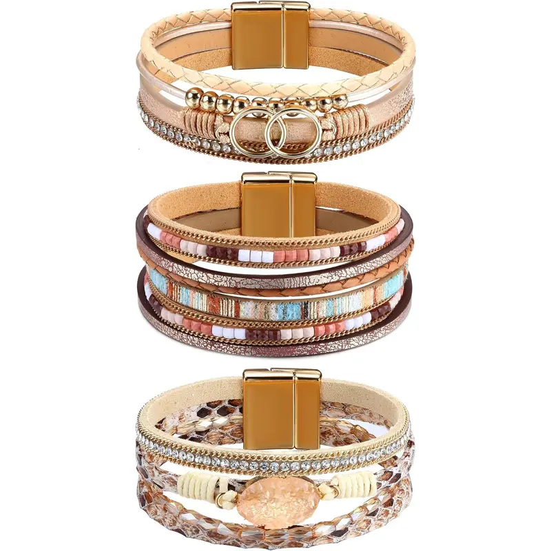 Sanfenly Women's 3-Piece Boho Beaded Upgraded Leather Cuff Set - Gold Accent Gold Bangle, Secure Clasp, Trendy Stack Bangle, Beaded Stack, Pretty Bracelet, Jewelry Gifts, Daily Wear Fashion Costume Jewelry Accessories