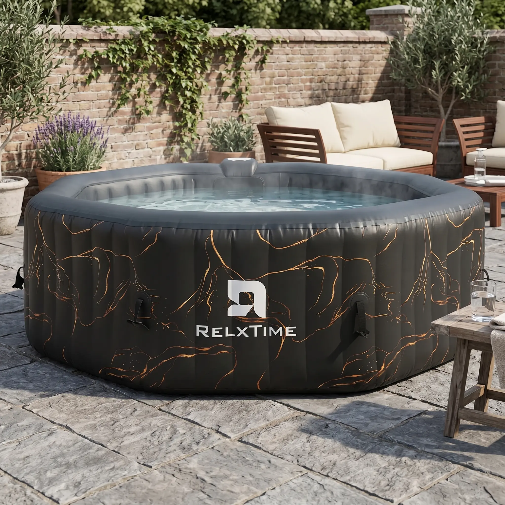 Relxtime Inflatable Hot Tub (Inflatable Pool) for 4-6 People, Octagonal Portable Outdoor Jets Hot Tub with 130 Bubble Jets, Insulated Cover, Filters, Black Gold, Jets Hot Tubs