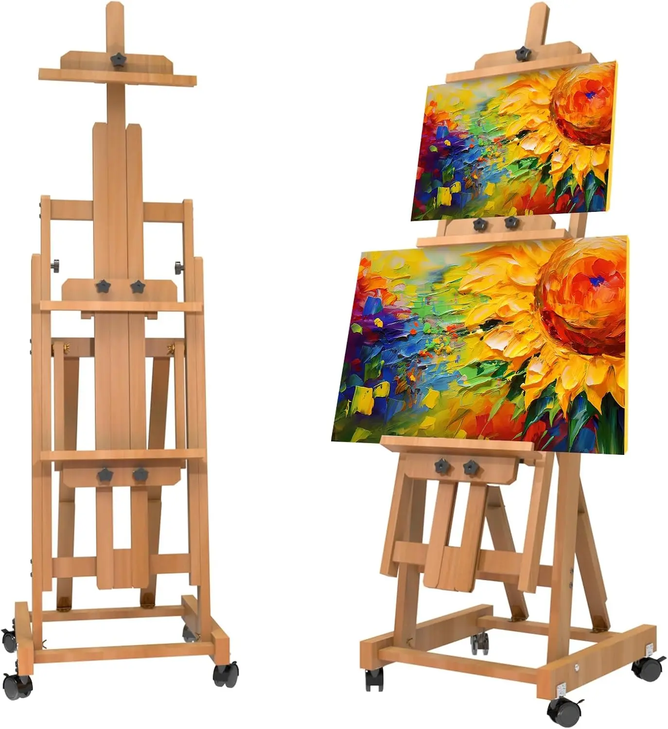 Foldable H-Frame Beech Wood Easel for Artists, Indoor Use - Adjustable, Holds 2 Canvases Up to 77 in, Easy Storage, Ideal for Painting & Display