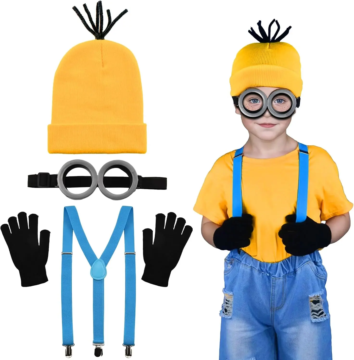 4PCS Kids Halloween Costume Accessories Steampunk Goggles Set | Blue Suspenders, Yellow Beanie, Black Gloves, Cosplay, Birthday Party, Dress Up, Role Play