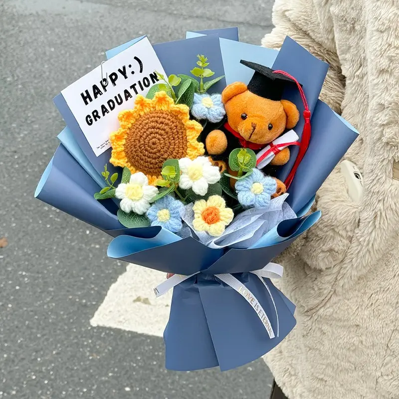 Crochet Flower Graduation Gift Idea Bouquet, Handmade Sunflower Rose and Bear Arrangement, Teacher Appreciation Gift and Grad Party Favor for Classmates, Children and Friends