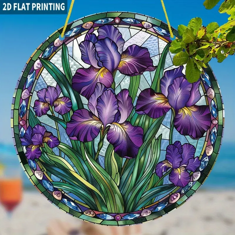 Purple Lily Acrylic Stained Glass Suncatcher - Hangable Iron Round Home Decor Plaque, Decoration for Bathroom & Garage Room Accessories, New Year Gift with Ambiance Effects