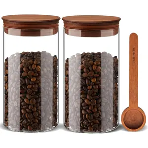 37 oz Coffee Canister with Scoop and Wooden , Airtight Storage Container Sets of 2 for Ground Coffee & Beans, Glass Jars for Coffee Bar Organizer, Kitchen Countertop