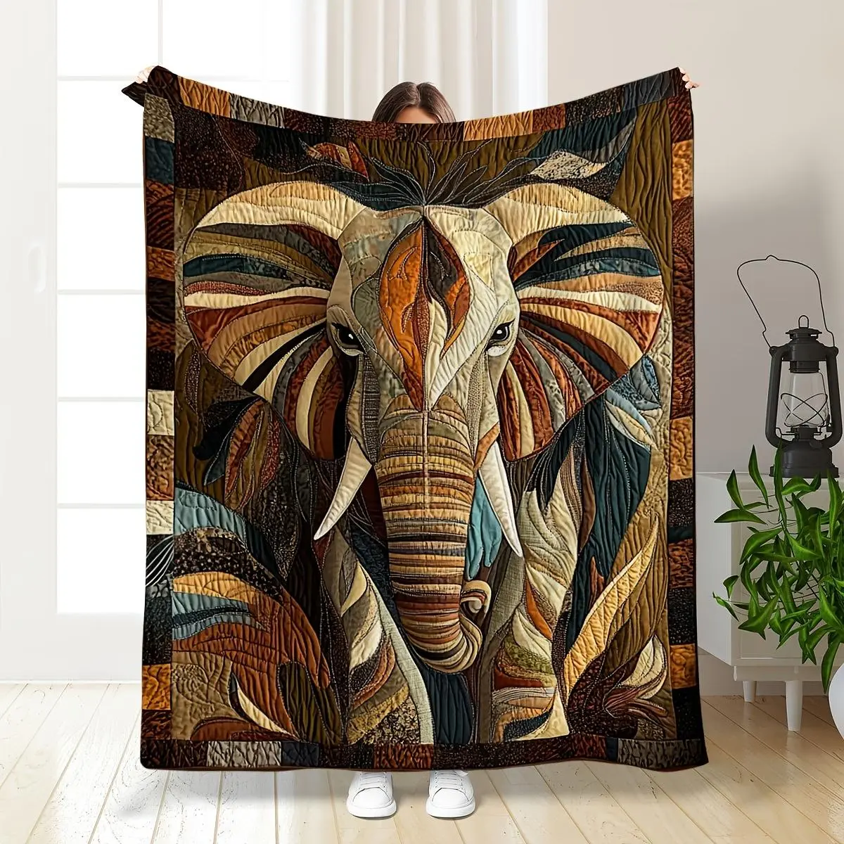 Large Elephant Print Flannel Fabric Blanket - Soft Warm All-Seasons Throw, Machine Washable Textured Weave Earthy Tones Retro Look, Animal Theme Indoor Use Sofa Cocoon - Blanket Gifts, Gift-Ready Decor