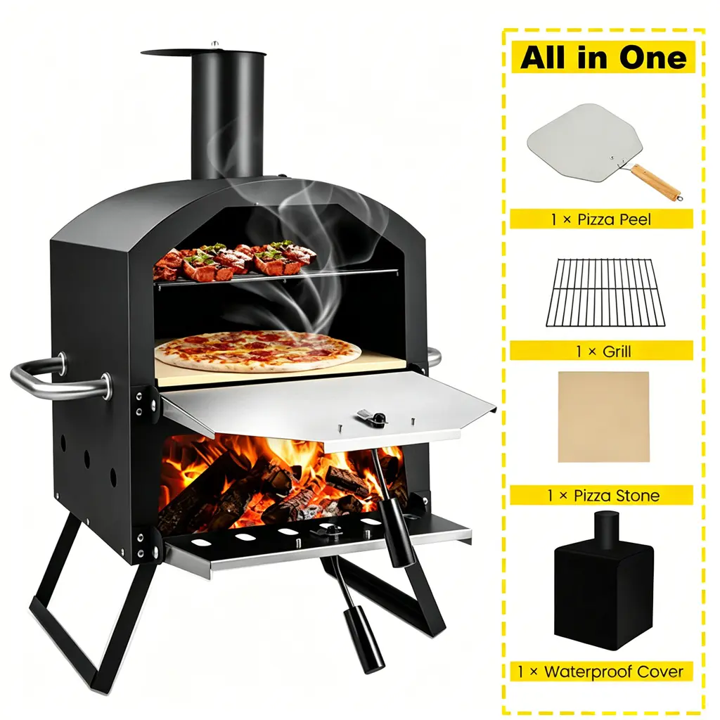 Outdoor Pizza Oven, Portable 2-Layer Stainless Steel Maker with Removable Cooking Rack and Foldable Legs for Backyard BBQ and Camping - Includes Pizza Stone, Peel & Cover, Pizza Peel, Cooking Grill