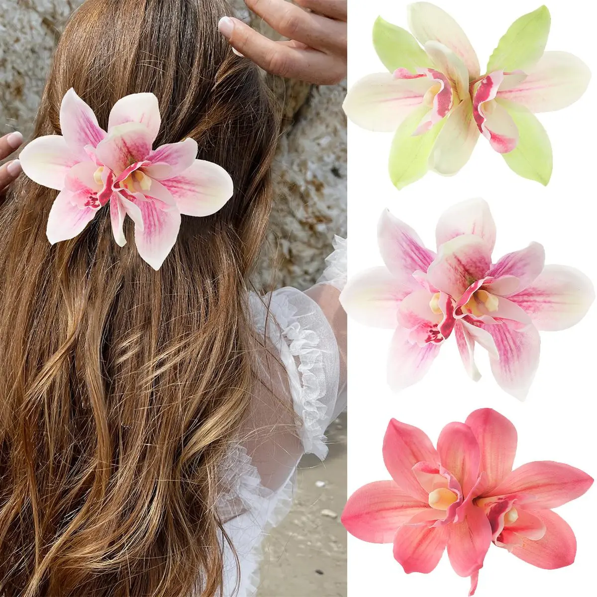 AWAYTR Large Orchid Flower Hair Clips, 3Pcs Boho Hawaiian Barrettes for Women, Bridal Hair Accessories for Beach Weddings, Barrettes Hair Clips
