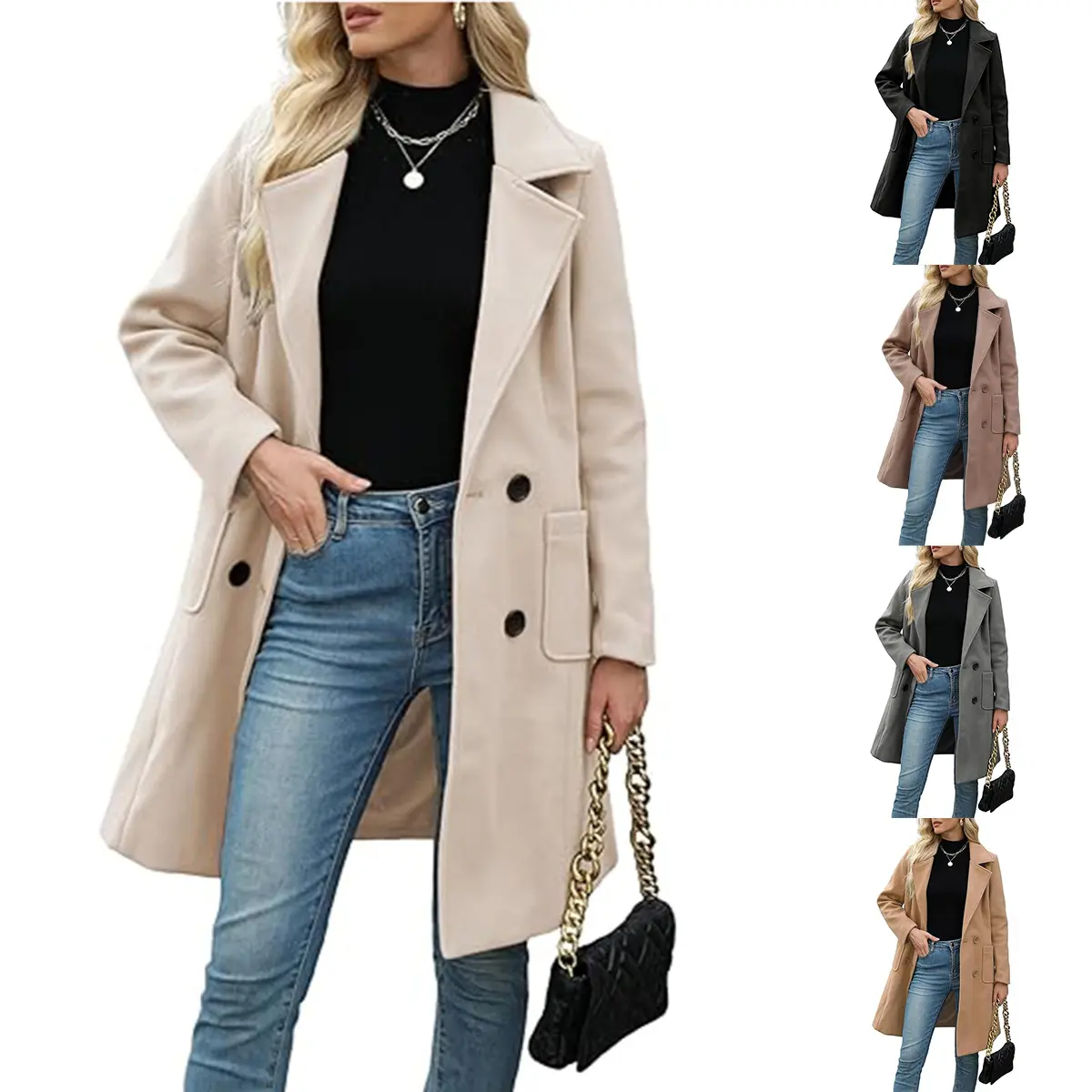 Kingapril Women's Thick Winter Wool-Blend Camel Mid-Long Collared Coat - Elegant Notch Lapel, Double-Breasted, Button-Front, Everyday Solid Minimalist Outerwear for Women's Tops, Polyester, Jackets & Coats, Thick Wool-Blend Keeps You Toasty, Long Sleeve,,