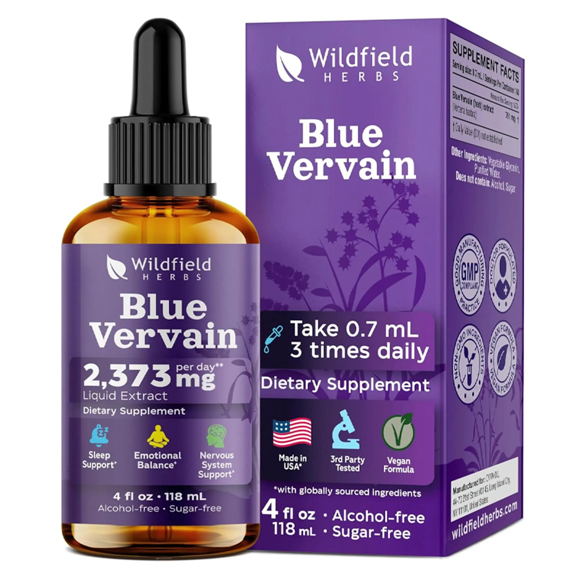 WILDFIELD HERBS 4 oz Blue Vervain Herbal Supplement, 160 Servings, Alcohol-Free Tincture