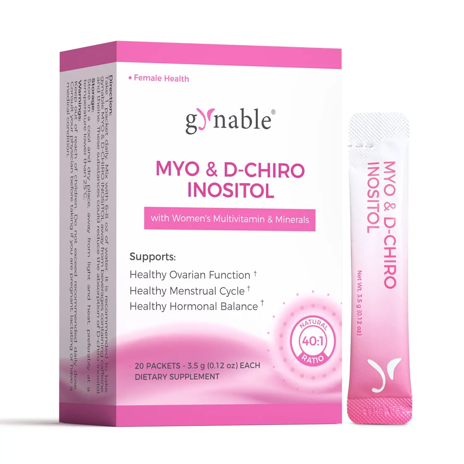 Gynable 40:1 Myo & D-Chiro Inositol Natural Dietary Supplement Powder - Women's Hormonal Balance Supplement with Vitamin E, B1, B2, B12, Folate, Zinc, Selenium for Fertility, PCOS Relief, Ovarian Health (Peach Drink Mix)