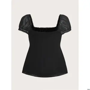 tiktokMODSummerSquareNeckKnotFrontFoldsPeplumBlackBowRopeTee