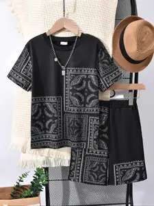 Two-piece Set Boy's Patchwork Print Short Sleeve Top & Shorts, Casual Fashion Round Neck Top & Shorts for Daily Wear, Kids Summer Clothes