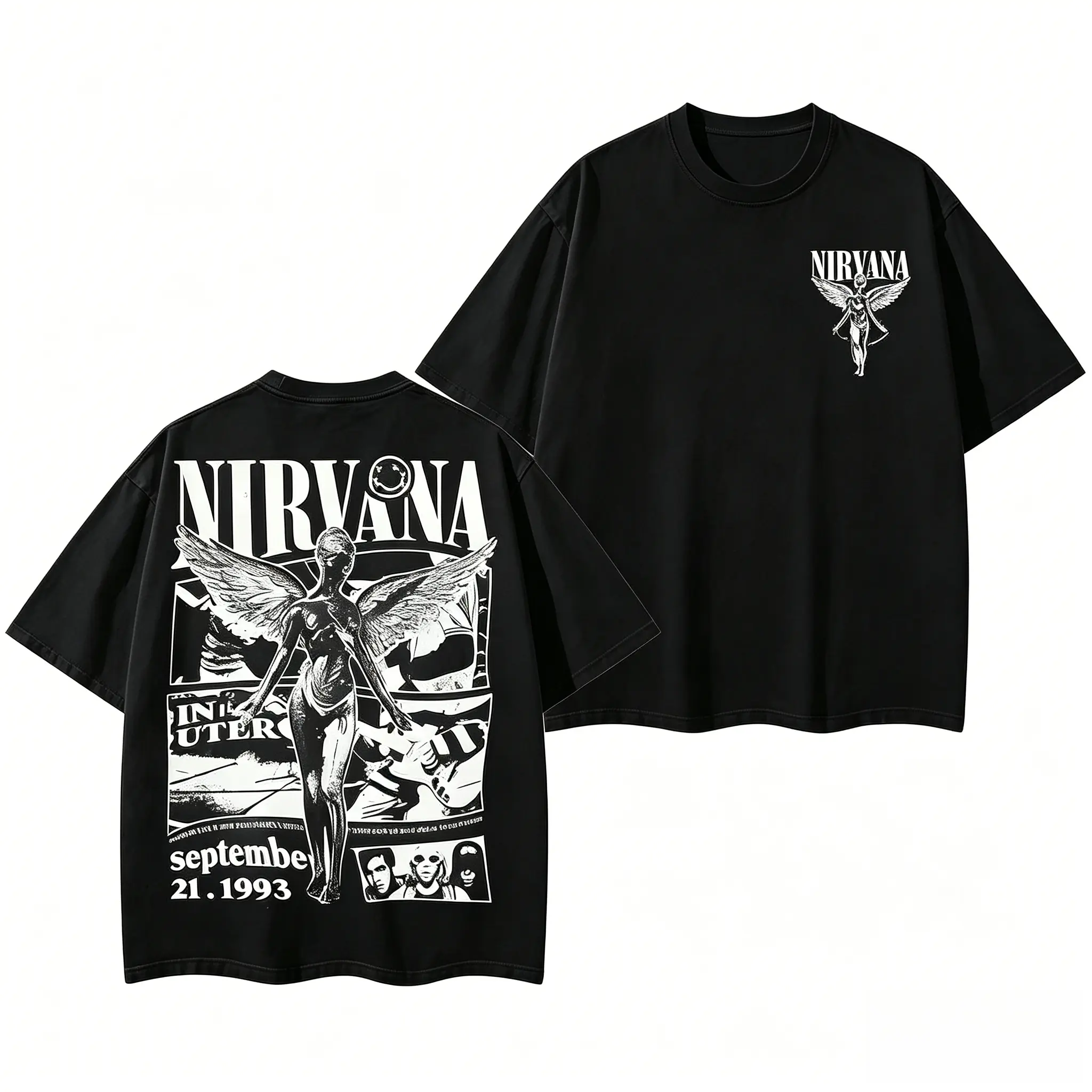 Retro Limited Nirvana Band Tour Black 2-Sided Vintage Tee Graphic Unisex Oversize Rock Band Washed Heavyweight Cotton T-shirt Gift For Rock Music Lovers Vintage Band Shirts Casual Fabric Fit Top Womenswear Streetwear