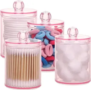 4 pcs Qtips Holder Bathroom Container, 10 OZ Apothecary Jar, Pink Cotton Ball/Swabs Dispenser Organizer for Storage