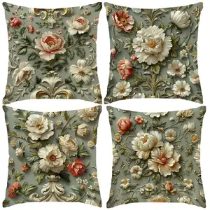 Vintage Floral Pillow Covers Set of 4, Soft Polyester, Zipper Closure, Winter Home Decor, Multiple Sizes Available