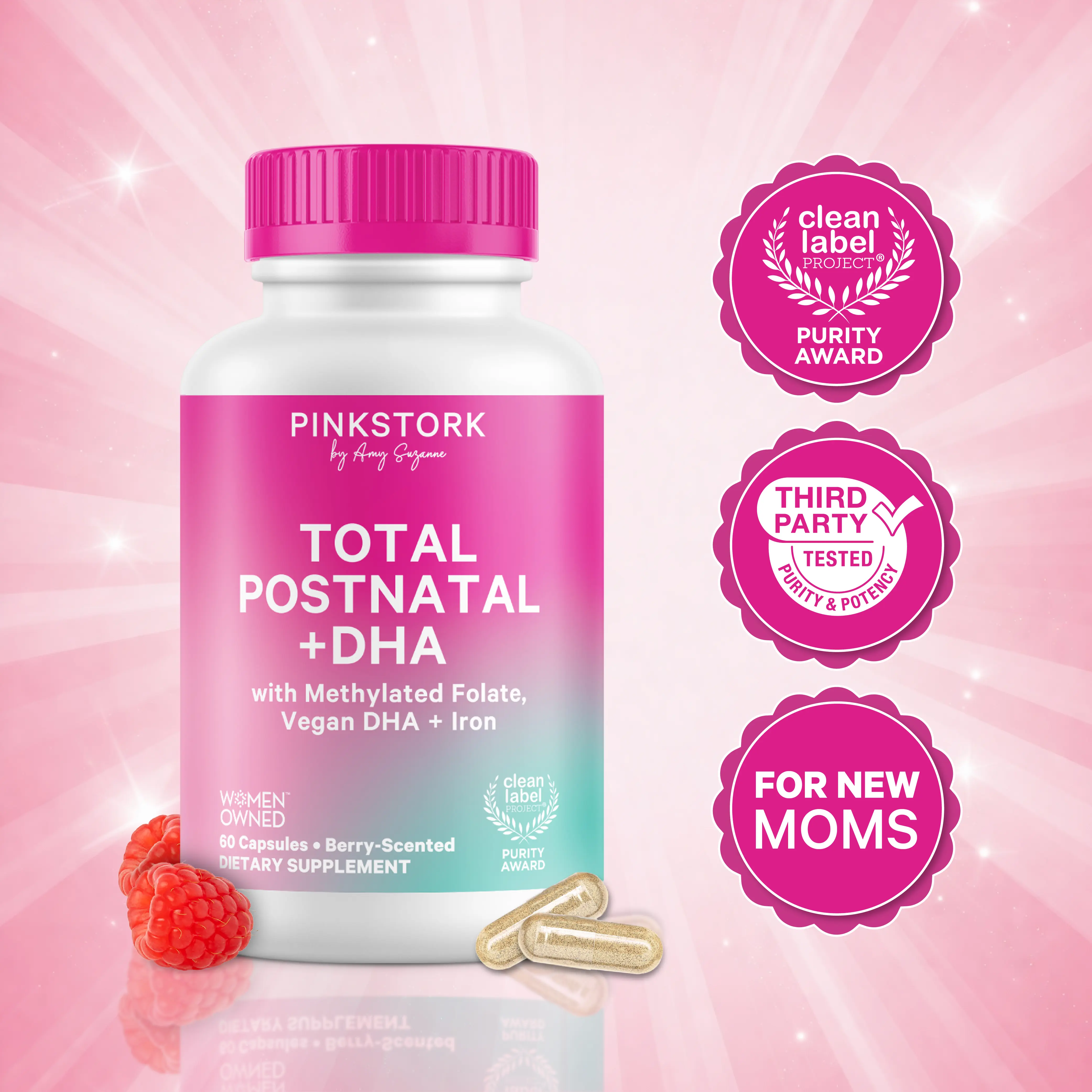 Pink Stork Total Postnatal Vitamins for Women | Clean Label Puirty Award | Maternity Vitamins | Breastfeeding Essentials | Methylated Folate, DHA, Iron | Month Supply Postpartum Dietary Supplement Multivitamin
