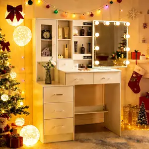 Vanity Desk Vanity Mirror with Lights,6 Drawers 8 Storage Shelves,3 Lighting Modes & Adjustable Brightness for Bedroom,White,39.5" L*15.8" W*55.2" H