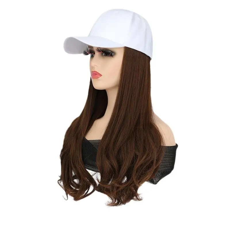 Female Fashion Baseball Cap Wig Combo Set - Heat-Resistant Synthetic Wavy Curly Glueless Soft Hair, Black Hat + Dark Brown Casual Accessory, Machine-Made Sports Accessory