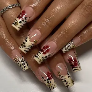 Wild Zebra Print Leopard Nail Art, French Long Flower Wrap Nail Design, Detachable Press-On Nails, Fashionable Nude, Unique Style, Crazy Nail Art