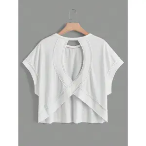 Batwing hollow-out sleeve T-shirt, fitted white short top, casual women’s clothing