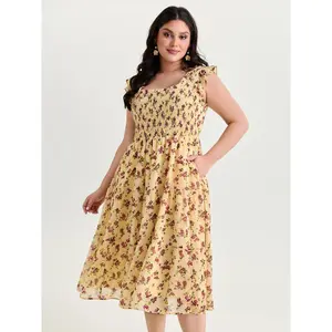 BLOOMCHIC Plus Size Floral Print Shirred Bodice Ruffled Midi Dress [M-6X]2026 Summer Vibes Swimweek