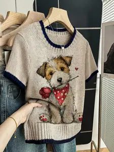 Women's Cute Dog Print Knitwear Sweater, Round Neck Short Sleeve, Casual Breathable Design, Perfect for Spring Summer Fall