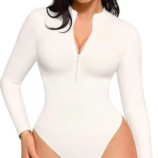 FeelinGirl Long Sleeve Bodysuit for Women Mock Turtle Neck Zip Up Design Bodysuit Shirts fall   Breathable Fabric  PR#2