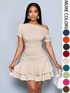 Women's Summer Fashion Casual Chic Plain Color Ruffled Dress, Elegant Slim-Fitting Design, Perfect for Daily Wear & Special Occasions