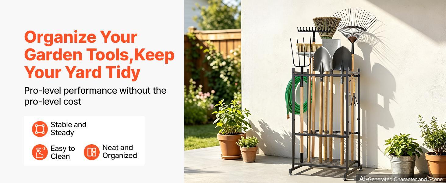 【BackToSchool】VEVOR Garden Tool Organizer, 35 Slots with Hooks, Metal Garage Storage Rack, for Rakes/Shovels/Brooms, Yard Utility Tool Holder for Shed/Outdoor/Lawn Organization, Heavy-Duty Steel, Freestanding,Black
