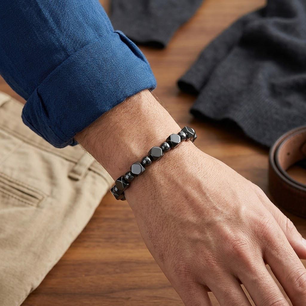 Polished obsidian and hematite bead bracelet