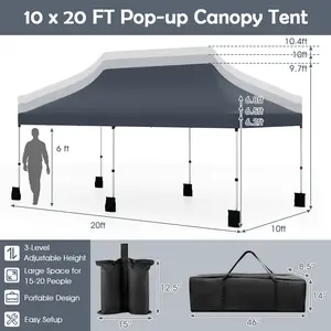 COSTWAY - 10 x 20 FT Pop up Canopy Tent Foldable Portable Outdoor Gazebo with Carry Bag-Black