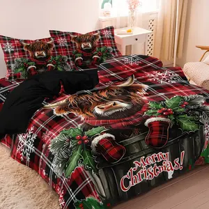 3pcs Christmas Highland Cow Bedding Red Buffalo Plaid Pattern Duvet Cover , Microfiber Festive Winter Home Bedroom Decor for Season 1 Duvet Cover+2 Pillowcases, Seasonal Bedding, Holiday Decoration, Bedding Sets