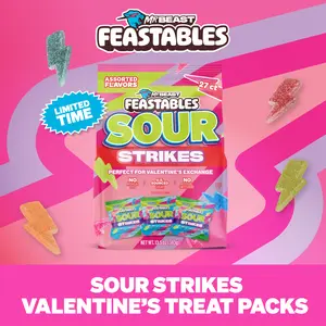 Feastables by MrBeast Valentine’s Day Assorted Sour Strikes Candy, 27-Count Share Pack for Gifting & Sharing