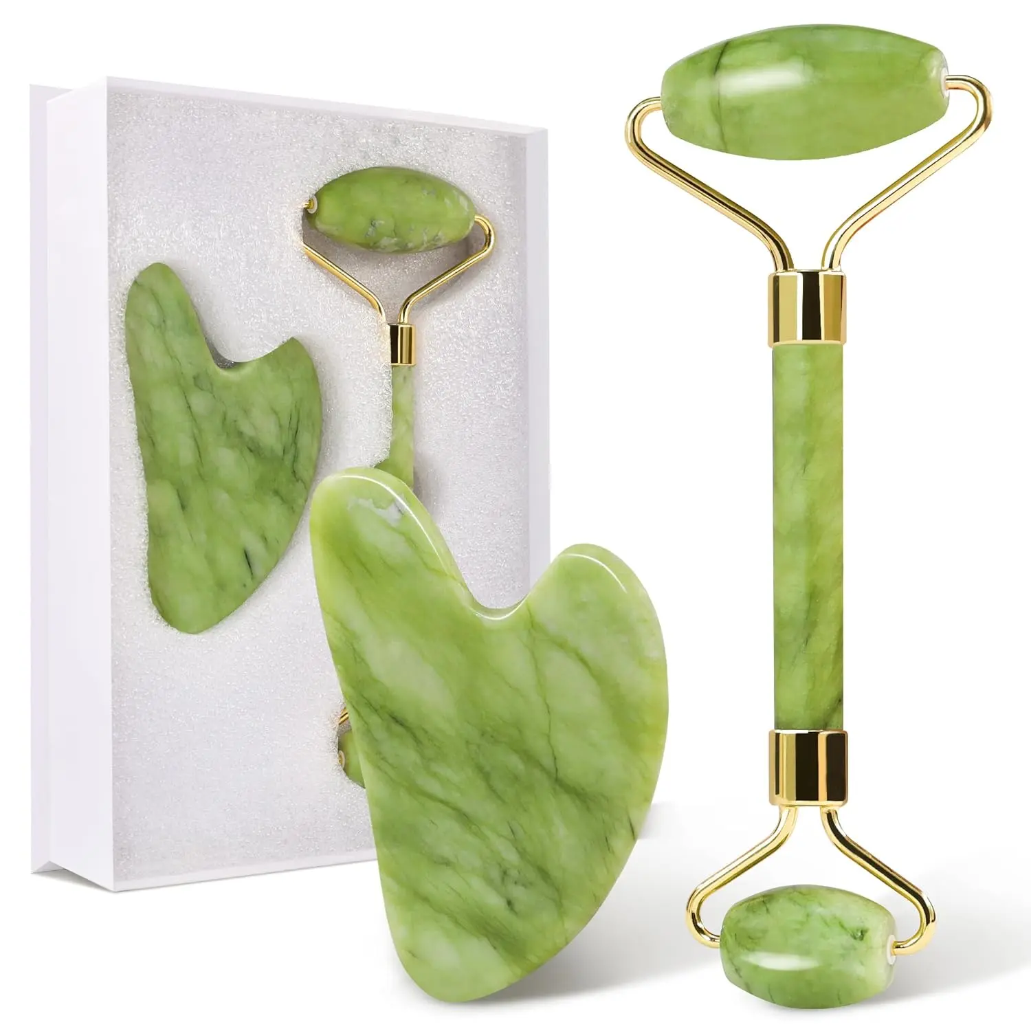 Gua Sha Facial Tool & Jade Roller Set for Skincare, 57g Jade Stone Anti-Aging Kit, Reduces Puffy Skin, Improves Wrinkles, Wet Cleaning Self-Care Gift for Women (Mother’s Day)