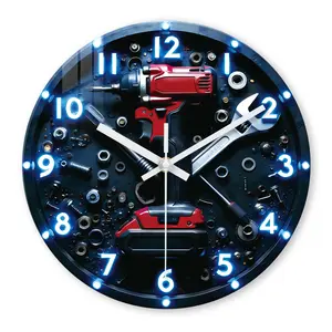 Blue Tool Room Creative Tempered Glass Wall Clock, Led Wall Clocks, Silent Non-Ticking Timer Hanging Clock, Battery Powered, Valentine's Gift