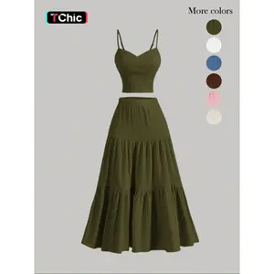 Women's Solid Woven Crop Cami Top & A-line Skirt Two-piece Set, Casual Fashion Cozy Two Piece Outfits for Daily Outdoor Wear, Ladies Clothes for Summer