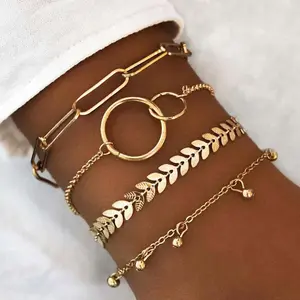 Women's 4-Piece Layered Golden Geometric Circle Stackable Bracelets Set with Artificial Gemstones, Jewelry Accessories, Layered Bracelet Set