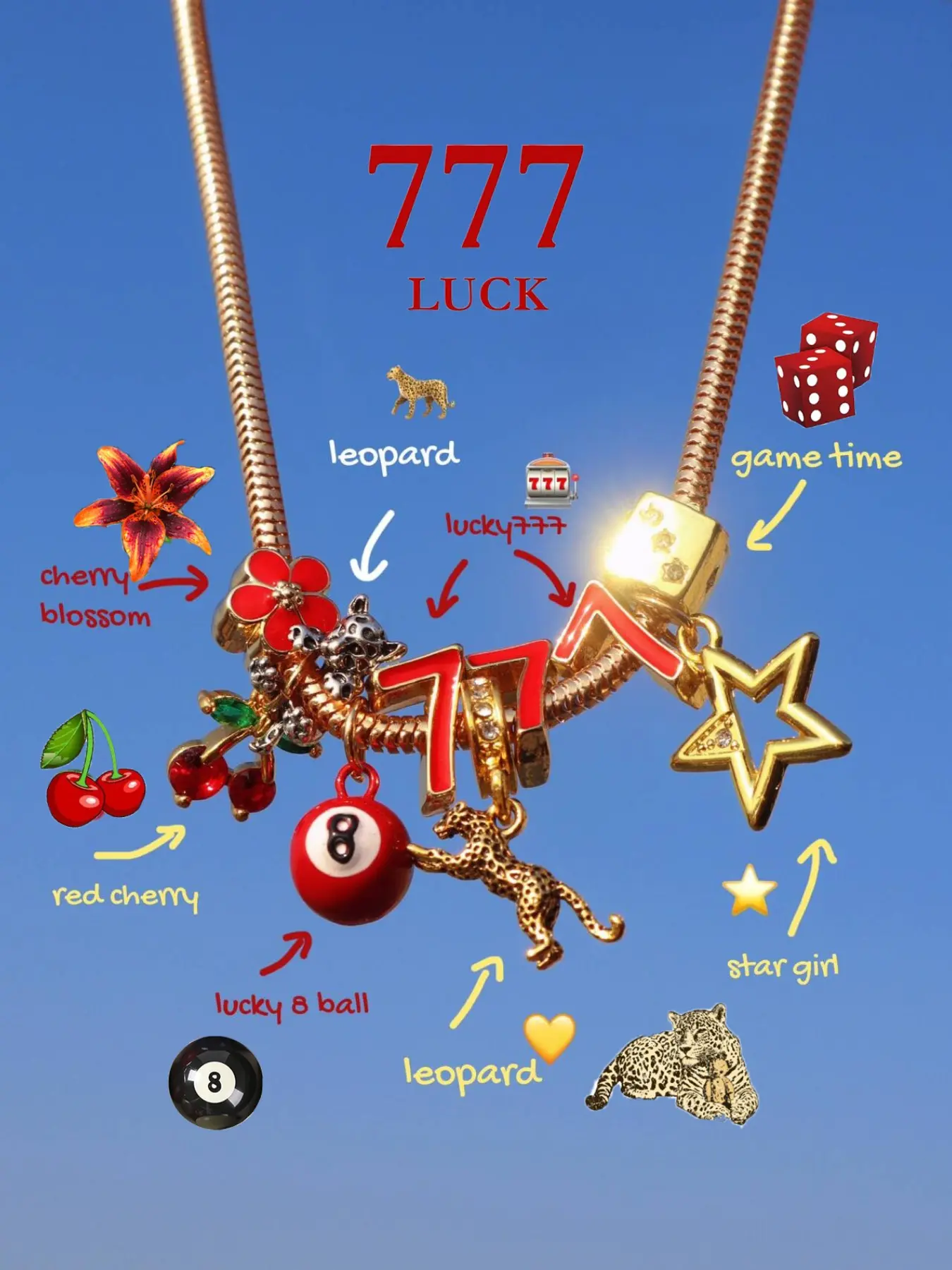 Xl346 Lucky Number 777 Leopard Charm Necklace, 8 Ball Dice Necklace, Cherry Leopard Print, Star Girl Necklace, Lucky Sakura Necklace, Dangling Charms Necklace, Alloy Pendant Necklace