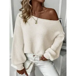 Women’s off-shoulder boat-neck solid-color long-sleeve pullover, autumn and winter ribbed knit casual loose fit, cute, fashionable, comfortable, soft and lightweight sweater top, autumn women’s set, winter women’s sweater