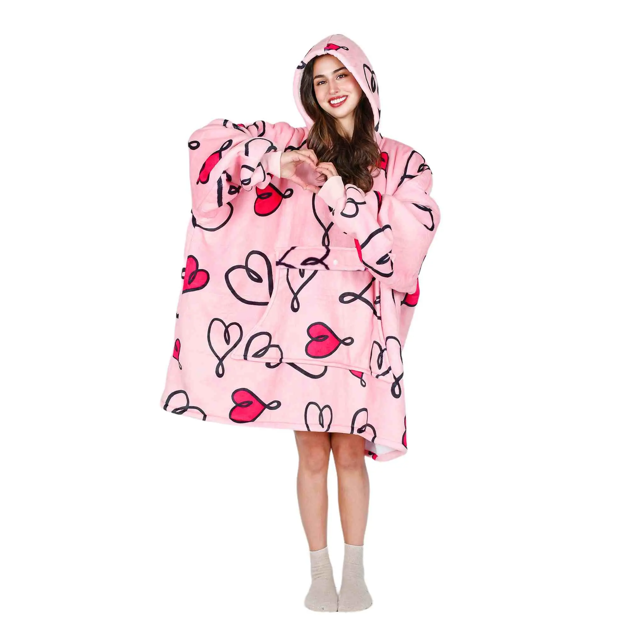 Pink Love Art Oversized Double Layer Hoodie Blanket