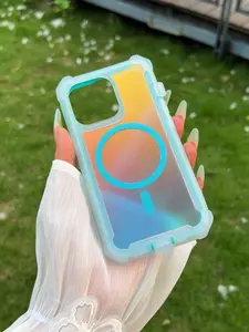 HISTORYOO Color Changing Laser Dazzling Magnetic 2 in 1 Phone Case for iPhone 17 Pro Max Air 16 15 14 13 Pro Max / Pro for MagSafe Wireless Charge four corner Full Coverage Anti-Drop Shockproof Matte Fluorescent Iridescent Gradient Cover + PC Front Frame