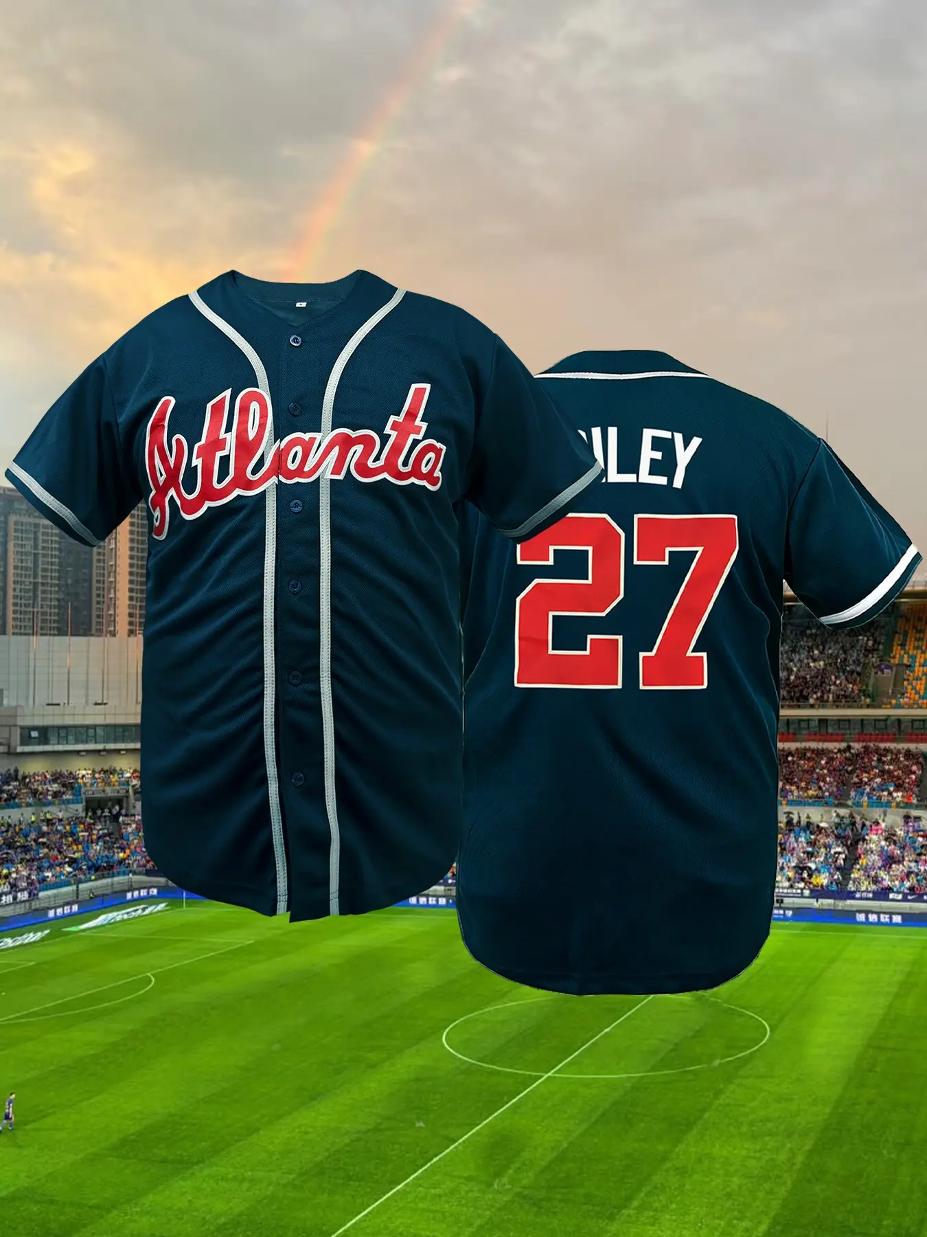 Men's Atlanta #13 Embroidered Baseball Sports Style Jersey | Stitched Letter & Number Button Down Breathable Shirt | Navy Blue Retro Athletic Tee | Embroidery Sportswear Top Athletic Tops