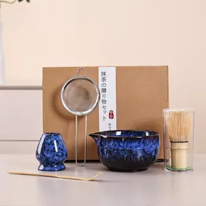 Matcha Stirring Set (5 Pieces), Includes Blue Matcha Bowl, Bamboo Spoon, Stainless Steel Sieve, Ceramic Matcha Set