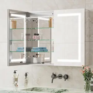 Double-Side LED Cabinet Mirror for Bathroom, Lighted Medicine Cabinet with 5 Mirrors, Interior Sensor Light, Dimmable, Anti-Fog, Outlets, Recessed or Wall Mount Aluminum Mirror Cabinet,Easy to Install