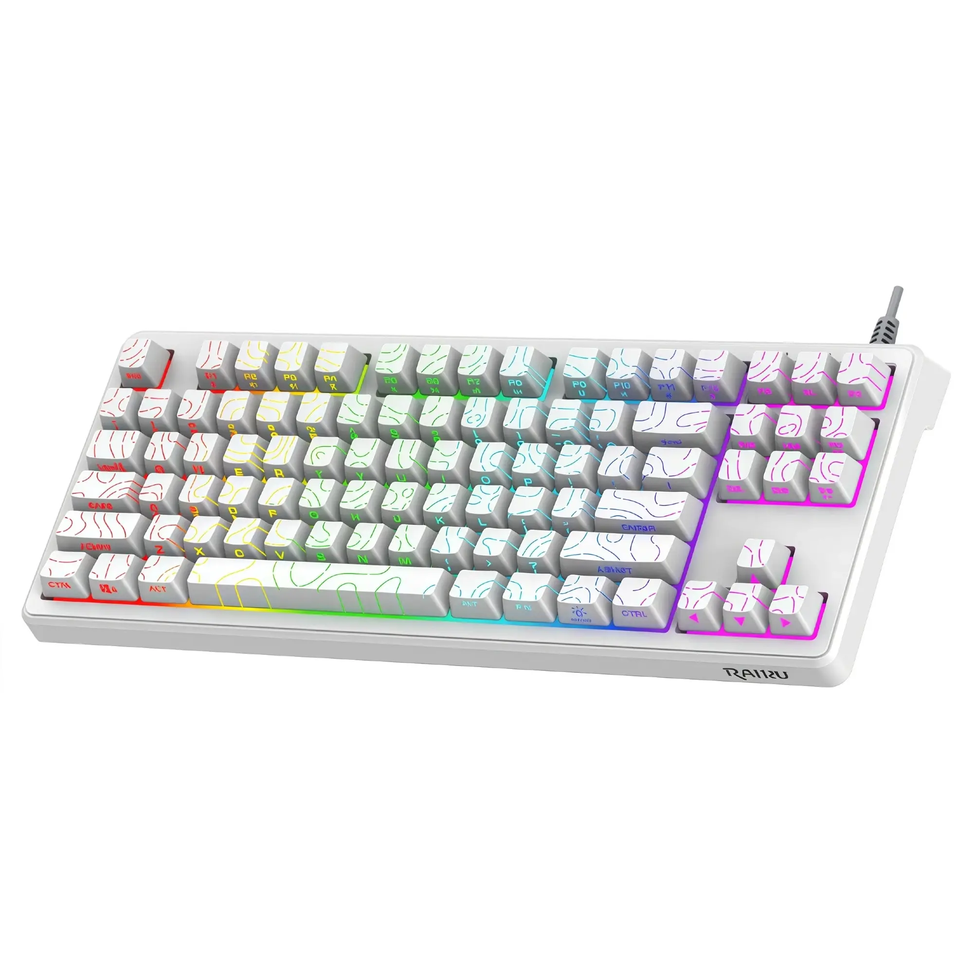 87-Key Low Latency Side-Printed Gaming Keyboard, Rainbow RGB Backlit, Topographic Contour Design TKL Keyboard for Gaming desk Setup, PC, Home Office