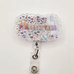 Pharmacy Tech Holographic Acrylic Retractable Badge ID Reel Belt or Alligator Clip
