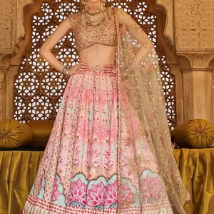 Indian and Pakistani Traditional Clothes & Afghani Fashion - Pink Floral Embroidered Lehenga with Gold Accents Dress